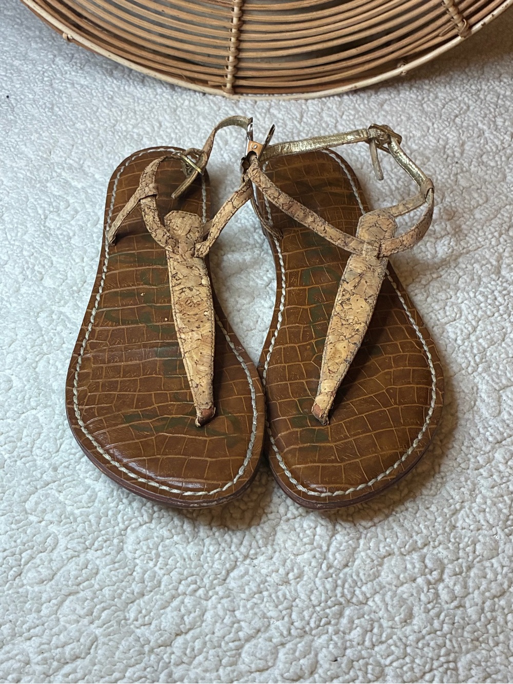 Sam Edelman Gigi Cork T-Strap Flat Sandals Brown Gold Size 8.5M